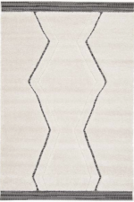 Tapis design FARA blanc cassé moderne avec motifs géométriques noirs et bordures rayées, idéal pour une déco intérieure élégante